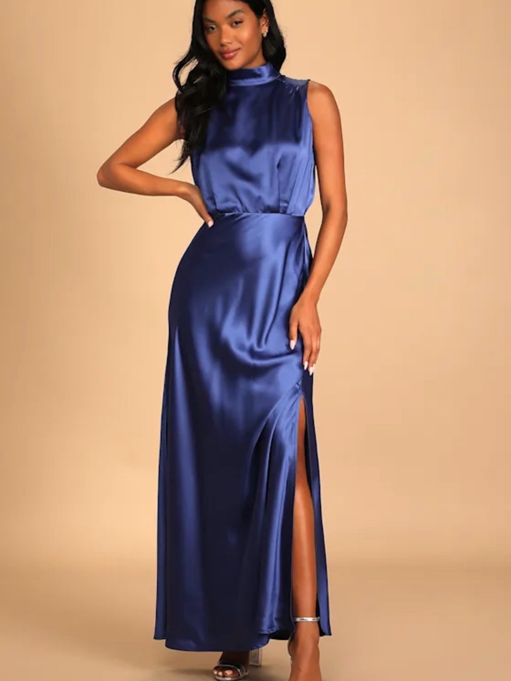 Classic Elegance Blue Satin Sleeveless Mock Neck Maxi Dress